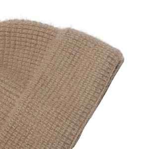 Close-up of soft khaki faux mink fur knit hat showing warm plush texture and fine weave
