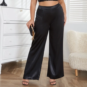 Pantalon Large Grande Taille Pour Femme Taille Haute En Satin Coupe Ample Couleur Unie Bouton Latéral Élégant Casual