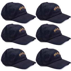 Dark blue cotton baseball cap with gold MAMA embroidery in a classic curved brim style