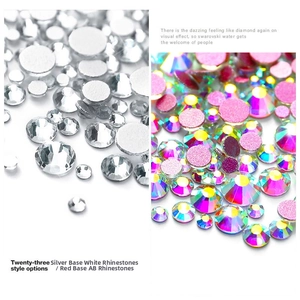 Macro view of multi-size flatback rhinestones in white and AB rainbow crystal finish
