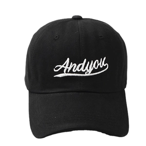 Classic black cotton baseball cap with white Andyou embroidery and curved brim