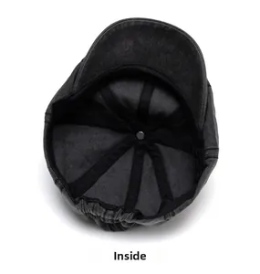 Internal structure of the washed cotton newsboy hat featuring elastic band and seams