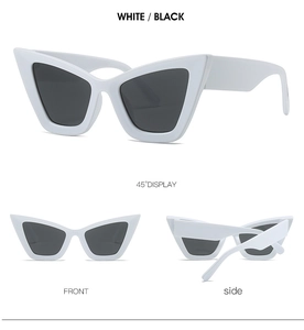Detailed views of white cat eye sunglasses with black lenses from multiple angles