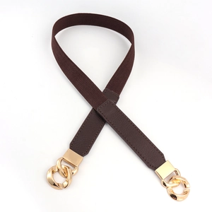 Women's slim brown elastic waist belt with elegant gold double ring buckle closure
