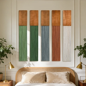 Five-piece Nordic style macrame wall hanging set with colorful fringe and wood panels
