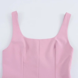 Pink sleeveless pleated romper dress with elegant square neck and crepe texture fabric