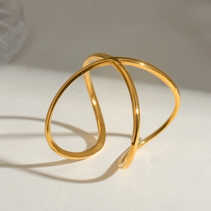 Polished gold stainless steel cross line cuff bracelet with adjustable open design
