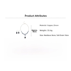 Detailed view of zircon flower necklace and teardrop earrings set with dimensions and weight
