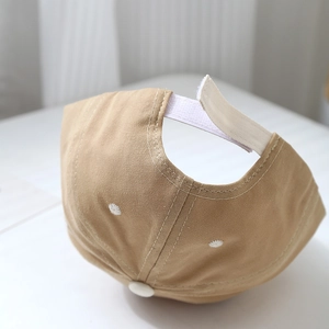 Rear view of khaki cotton baseball cap with adjustable Velcro strap and neat stitching