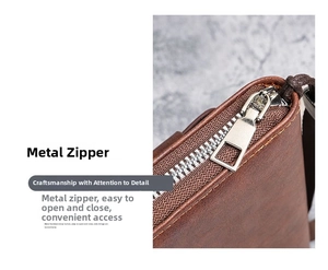 Close-up of durable silver metal zipper on premium brown textured leather wallet