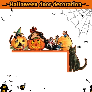 Detail of Halloween door corner decor featuring retro illustrations of cats and pumpkins