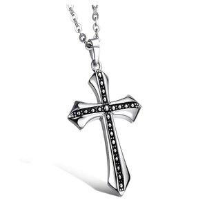 Vintage silver titanium steel cross pendant necklace with black center on a white background