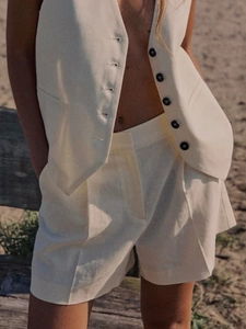 Two-piece linen vest and high-waist shorts set for women in elegant cream white