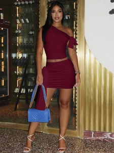 Chic burgundy one-shoulder crop top and ruched bodycon skirt set for women
