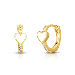 Elegant gold heart huggie hoop earrings with white enamel and sparkling crystals