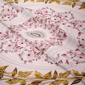 Detail of pink floral tapestry fabric featuring burgundy roses and intricate paisley patterns