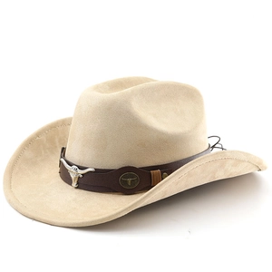 Detailed view of the wide-brim felt hat with bull head silver emblem and leather strap