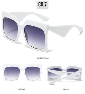 Detail view of white square oversized sunglasses with purple gradient lenses from all angles