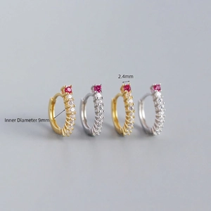 S925 sterling silver hoop earrings with ruby and diamonds in gold and silver finish