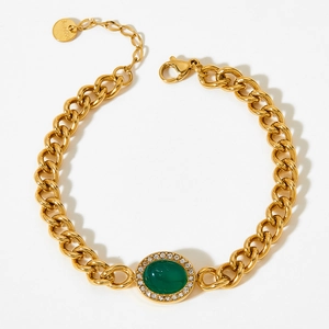 Vintage style gold stainless steel chunky bracelet with green oval agate and crystals
