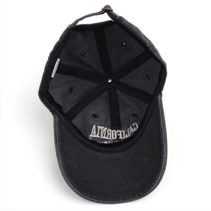 Washed grey denim baseball cap with internal California embroidery and 6-panel stitching