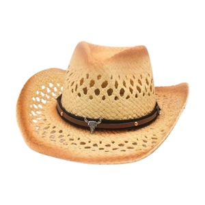 Chapeau de cow-boy en paille respirante avec design ajouré et bandeau crâne de taureau