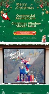 Detail of UV printed geometric Christmas reindeer glass stickers and Merry Christmas decals
