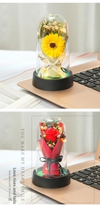 Preserved sunflower and rose in glass dome with LED lights and Just for you ribbon