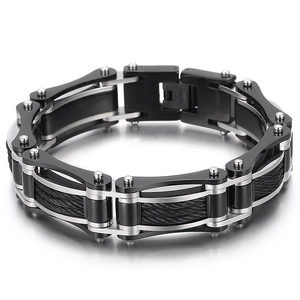 Bracelet pour homme en câble d'acier titane bicolore noir et argent au style industriel