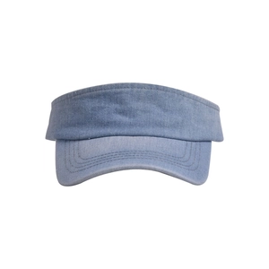 Macro detail of the light blue washed cotton denim fabric and reinforced visor stitching