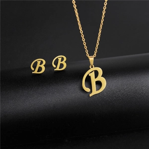 Golden stainless steel jewelry set featuring letter B pendant necklace and stud earrings