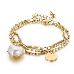 Golden double-layer necklace with heart pearl and Love Dream engraved metal pendant