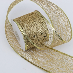 Golden sequin mesh wire ribbon roll for Christmas tree decor and gift wrapping DIY