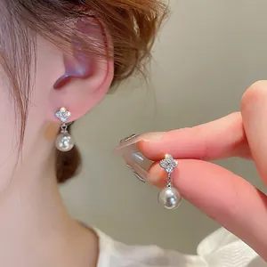 Elegant Clover Artificial Pearl Drop Earrings For Women Geometric Zircon Inlaid Copper With 925 Sterling Silver Earring Post