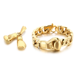 Polished gold stainless steel Cuban chain bracelet and boxing glove pendant jewelry set