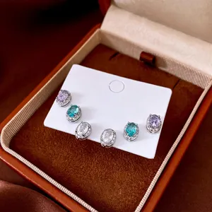 Oval Cubic Zirconia Stud Earrings With Silver Earring Post Copper Halo Jewelry Elegant Colorful For Women
