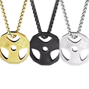 Set of three stainless steel dumbbell plate necklaces in gold, black, and silver finishes