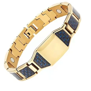 Men's magnetic gold metal bracelet with blue carbon fiber inlay and link design