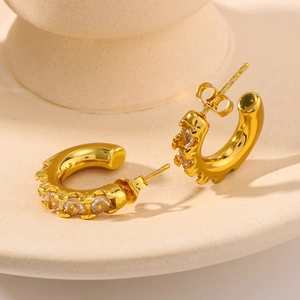 C-Shaped Hoop Earrings 18K Gold Plated Stainless Steel Inlaid Clear Zircon Fashion Geometric Jewelry For Women