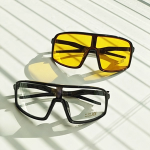 Macro detail of kids oversized sports sunglasses with UV400 and CE certification marks
