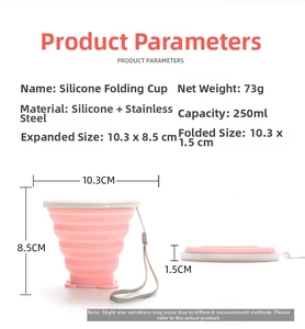 Pink silicone folding cup 250ml showing expanded and collapsed dimensions with strap