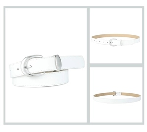Detail of white PU leather belt featuring a sleek silver D-ring metal buckle and rolled texture