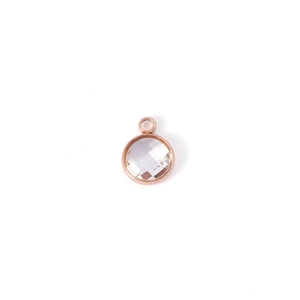 Detail of a rose gold circular pendant with faceted clear gemstone and top jump ring