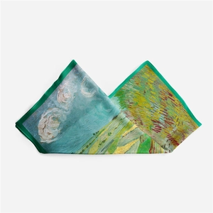 Detailed texture of Van Gogh oil painting silk scarf featuring Starry Night and Sunflowers