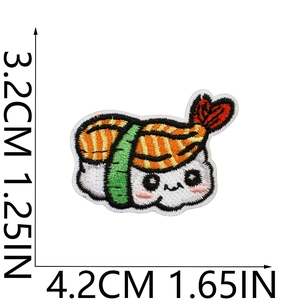 Close-up of shrimp sushi embroidered patch with cute face and size measurements