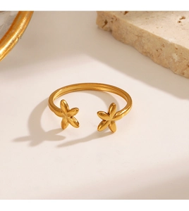 Detailed view of an 18K gold plated open ring featuring dual flower motifs on stone