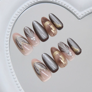 Cat-eye cat-eye gold french mist mermaid pearl press-on nails set with shell texture