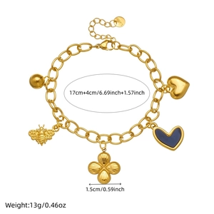 Gold stainless steel bracelet featuring heart and bee charms with blue enamel inlay