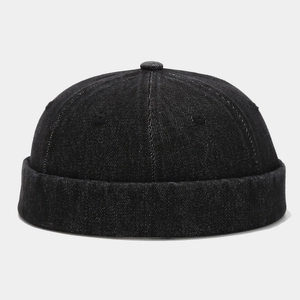 Retro black denim miki hat for men and women featuring vintage washed docker cap style