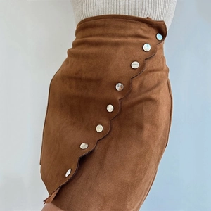 Women Suede Mini Skirt High Waist Scalloped Edge Single Breasted Metal Button A-Line Bodycon Sexy Streetwear Fashion